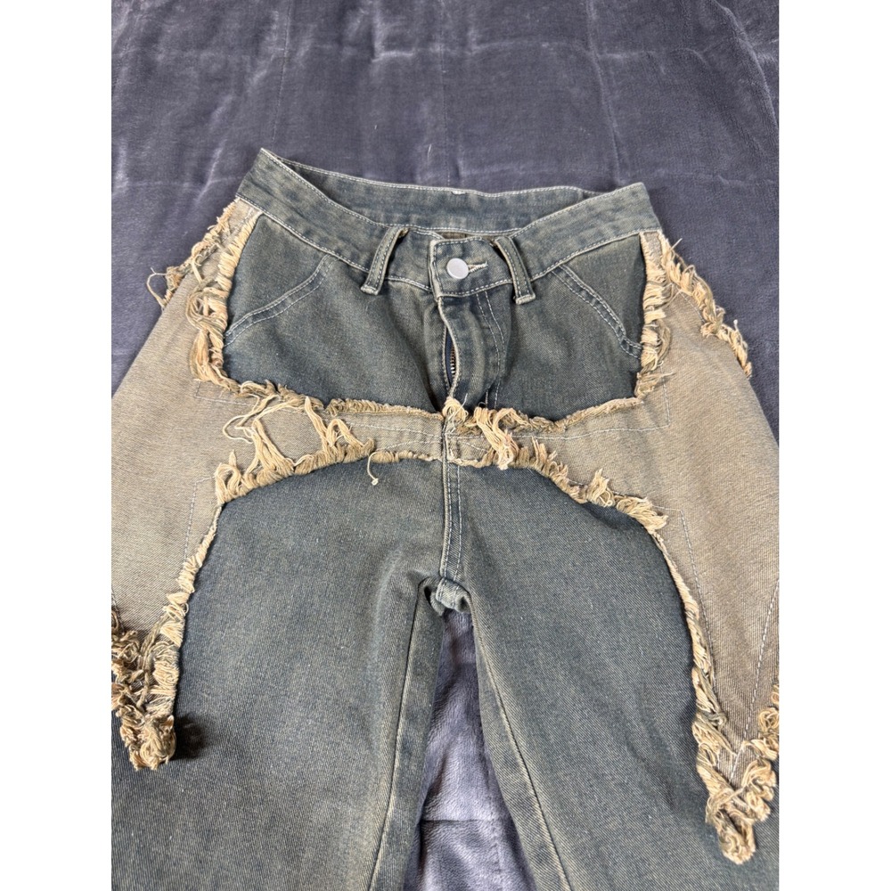 Romwe XS‎ Distressed Fringe Jeans Blue Denim Cargo Pockets Grungecore - Picture 3 of 12